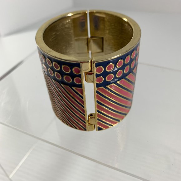 Banana Republic Cuff Bracelet Hinge Navy Blue Pink Enamel Stripe Dots 2" Wide - Picture 4 of 7